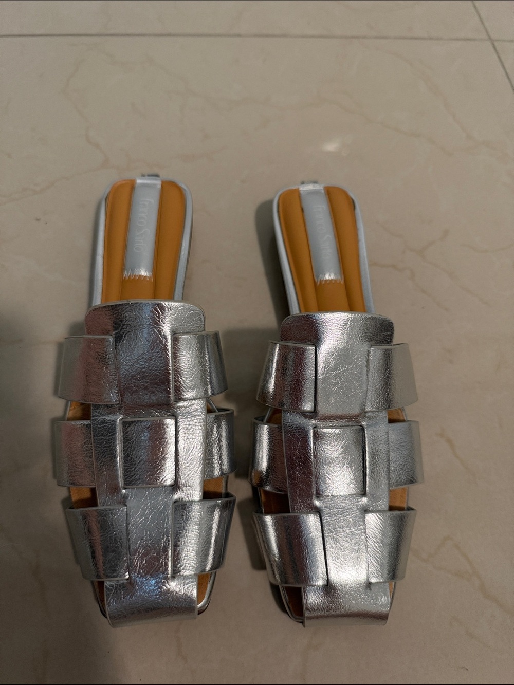 Franco Sarto Metallic Silver Woven Slide Mules